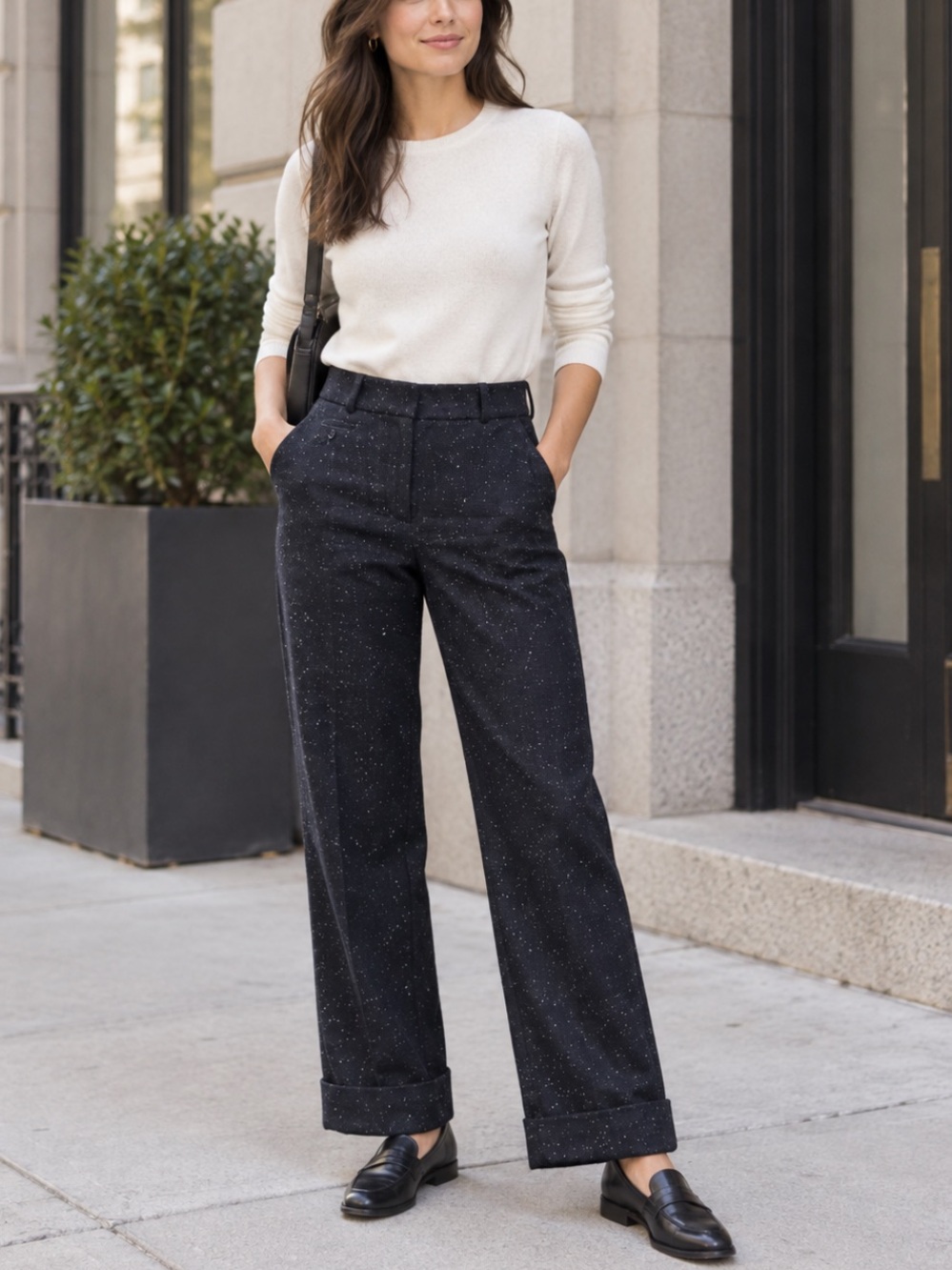LOFT Black Tweed Speckled Wide-Leg Trousers